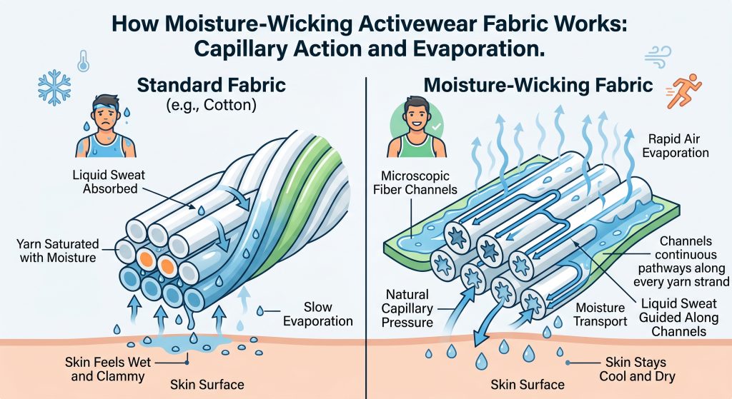 Infographic diagram comparing standard fabric and moisture wicking activewear fabric, illustrating capillary action along microscopic channels to transport sweat away from the skin surface for rapid air evaporation.