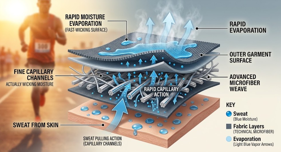 Infographic illustration and diagram showing how advanced sports microfiber fabric uses fine capillary channels and a fast-wicking outer surface to manage extreme sweat during intense exercise, wicking moisture away from skin for rapid evaporation.