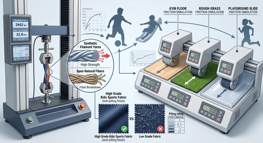 A dynamic composite photograph and technical diagram illustrating various durability tests for kids' sports fabric in a laboratory setting. It shows breaking strength tensile testing, seam tear evaluation, and multiple Martindale heads rubbing fabric samples against simulated surfaces like a gym floor, rough grass, and a playground slide, complete with pilling comparisons and filament yarn visualizations.