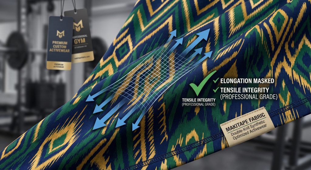 A technical close-up photograph visualizing advanced Ikat sports team fabric engineered for elite activewear. The dynamic patterned textile features complex geometric motifs in deep team colors, optimized warp-knit synthetic structure, and integrated graphical visualization showing masked elongation and high tensile strength for professional field durability, engineered by Makitape Fabric.