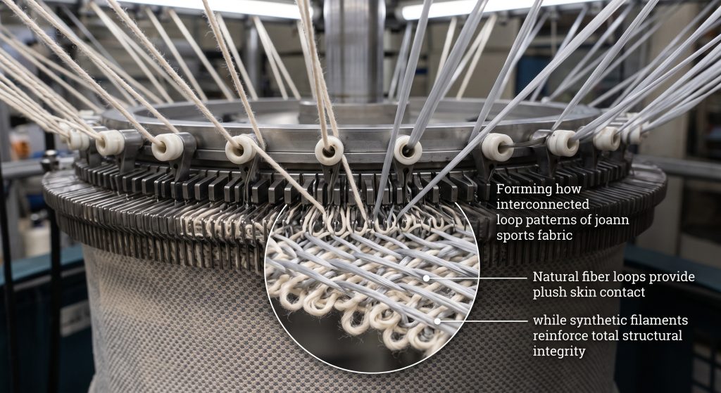 A detailed macro photograph focusing on the needle bed of a circular knitting machine, showing soft cotton yarns and resilient synthetic fibers being interlaced to form Joann sports fabric with interconnected loop patterns. A cutaway labels natural cotton loops for plush skin contact and synthetic filaments for structural integrity.