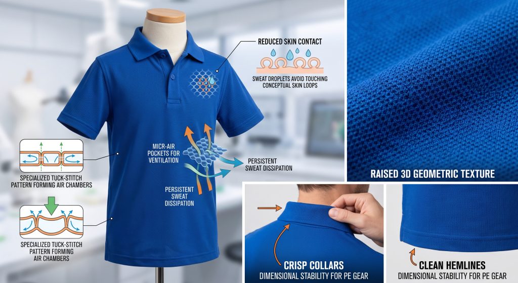 A technical diagram illustrating the performance benefits of a royal blue kids pique knit polo. Key visual call-outs show macro texture details, air pocket visualizations, reduced sweat contact, and collar and hem details demonstrating dimensional stability and anti-sticking performance.