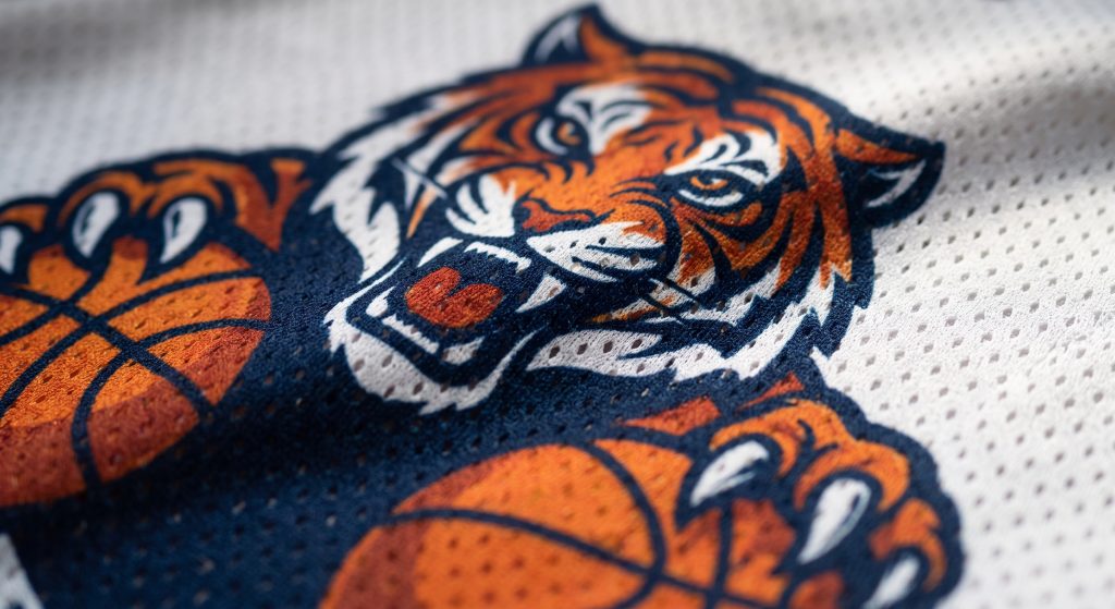 A photorealistic macro close-up of dynamic Birdseye mesh fabric used for a sports jersey, showing a detailed, multi-colored sublimated crest of a roaring tiger. Zooming in demonstrates how rich inks wrap sharply around open diamond micro-holes, preventing clogging and ensuring fabric breathability.