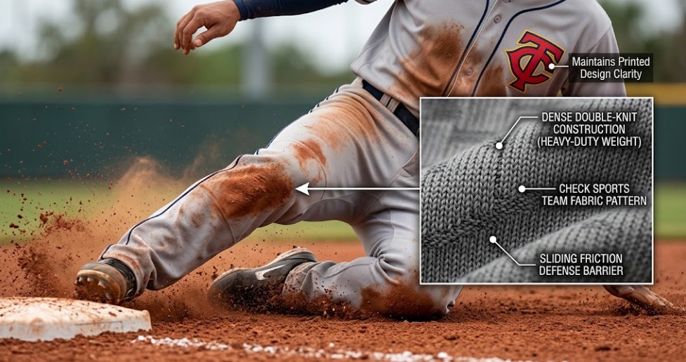 A photorealistic B2B performance apparel advertisement graphic visualizing the selection of check sports team fabric for baseball uniforms. A detailed infographic-style inset compares dense double-knit construction with an action shot of a player sliding into second base, highlighting durability and design clarity
