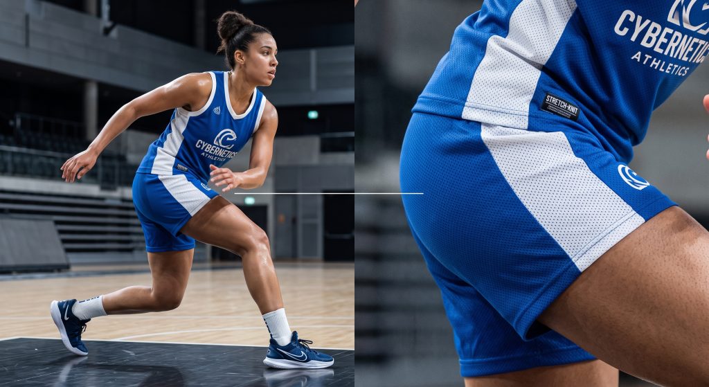 Close-up of performance polyester-elastane basketball shorts fabric stretching during dynamic lateral movement on an indoor court, illustrating flexibility for athletic motion.