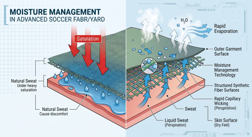 A technical cross-section diagram showing how premium synthetic soccer fabric by the yard manages moisture. It illustrates rapid capillary wicking channeling sweat from dry skin surfaces through structured fibers to the fabric's outer layer, where rapid evaporation keeps the wearer comfortable and dry. English labels identify the skin, sweat, wicking process, fabric, and evaporation.