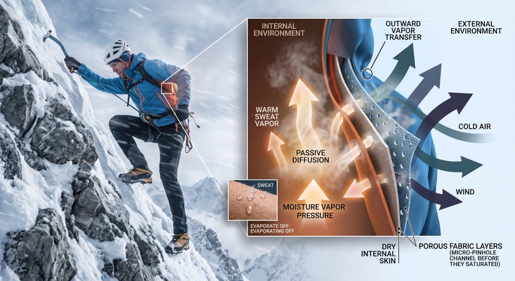 A technical infographic illustration of a mountain climber Scaling a peak, featuring a cutaway diagram showing how warm sweat vapor is pushed outward through porous fabric layers via passive diffusion.