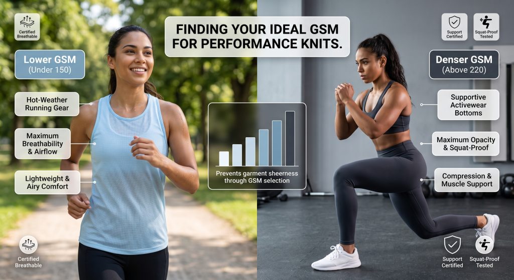 A high-resolution B2B composite photograph illustrating different GSM weights for sports fabric. The left panel shows a female runner in bright sunlight, wearing a lightweight tank top with overlays "Lower GSM (Under 150)" and "Breathability for Hot-Weather Running." The right panel shows an athlete doing a deep squat in dense leggings with overlays "Denser GSM (Above 220)" and "Maximum Opacity & Compression Support." A central graphic shows prevents garment sheerness through GSM selection. The image includes certified icons for each trait. Focus is on performance apparel manufacturing standards.