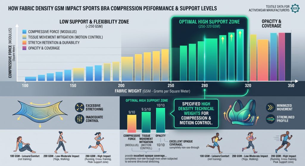 An engineering infographic for activewear manufacturers showing the direct relationship between fabric weight in grams per square meter (GSM) and sports bra performance. The visualization highlights the 250-320 GSM range as the optimal high support zone, delivering maximum compression force and minimized tissue movement compared to lower fabric weights, which can lead to excessive stretching and inadequate motion control. The chart also features data on opacity metrics, illustrating how high-density technical weights guarantee excellent opaque coverage even during extreme directional stretching like deep squats.