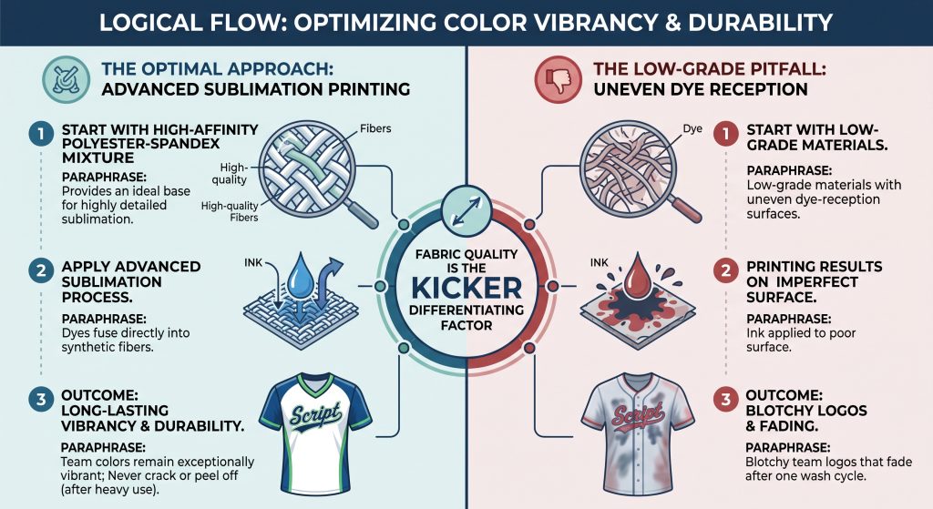 A logical flow infographic contrasting two approaches to customizing print colors on sports team fabric. The left path, 'THE OPTIMAL APPROACH,' uses advanced sublimation on high-affinity polyester-spandex for vibrant, crack-free logos. The right path, 'THE LOW-GRADE PITFALL,' shows how low-grade materials with uneven dye-reception surfaces lead to blotchy, fading logos after one wash. Fabric quality is the central differentiator.