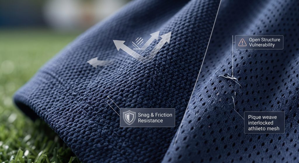 Macro comparison of Pique weave joann sports fabric showing durable textured waffle grid and high density structure versus standard open mesh.