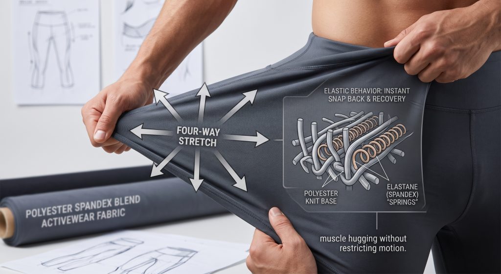 A professional technical photograph in a studio, illustrating the stretch mechanism of charcoal-grey polyester-spandex blend activewear fabric. Hands stretch the fabric taut while an integrated infographic diagram shows a microscopic visualization of the knit structure: stable polyester base threads intertwined with coiled, spring-like elastane (spandex) filaments. Arrows radiate outwards, indicating dynamic 'FOUR-WAY STRETCH'. Small labels point to 'POLYESTER KNIT BASE' and 'ELASTANE (SPANDEX) "SPRINGS"', demonstrating how elasticity allows form-hugging fit without restricting motion. Blurry textile rolls and design sketches are in the background. The style is clean, photorealistic, and informational.