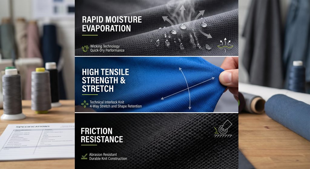 A realistic three-panel infographic illustrating the defining characteristics of premium activewear fabrics: moisture wicking, high stretch, and abrasion resistance.