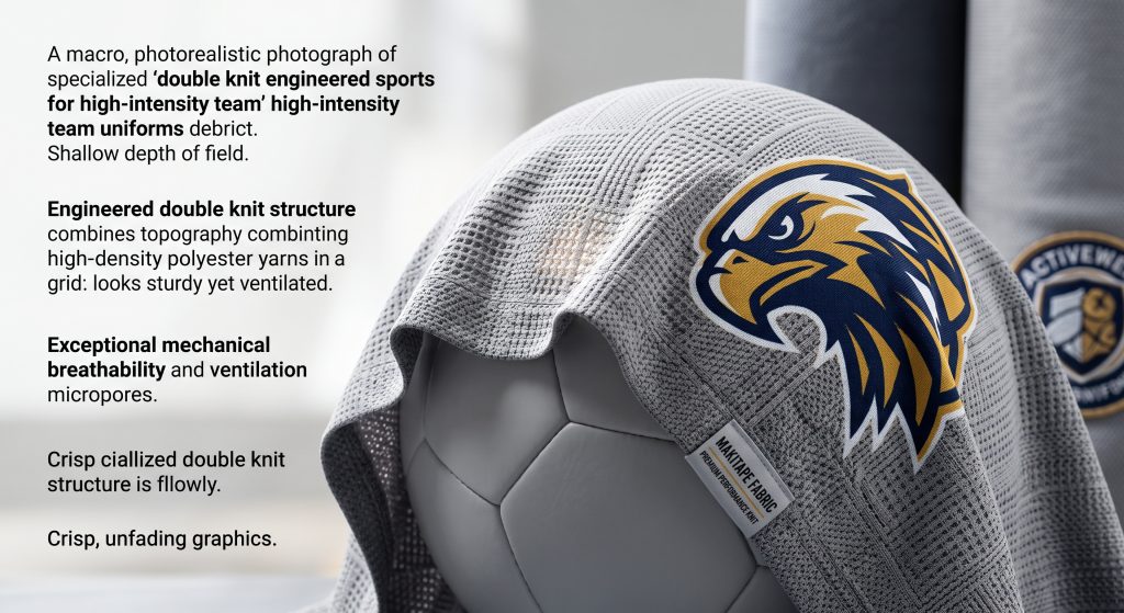 Macro photorealistic close-up of dynamic gray double-knit sports ball fabric with visible mechanical breathability pores highlighted by backlight, draped over a gray soccer ball. A crisp, multi-colored sublimated team logo Hawk is sharply printed on the fabric.