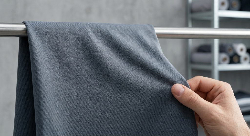 A macro close-up photograph of a deep slate gray premium nylon and elastane sports bra fabric blend, displaying its highly dense interlock circular-knit texture and smooth technical surface in a minimalistic studio setting.