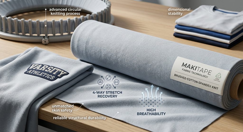 A technical close-up photograph of premium double-brushed sports fabric cotton, showing callouts for skin safety, pre-shrunk dimensional stability, moisture-wicking and quick-drying channels, and dynamic stretch with collegiate varsity embroidery and circular knitting machine in the background.