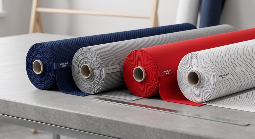 A realistic, minimal photograph showcasing stacked rolls of technical sports team fabric by the yard in a clean textile studio. The image highlights four distinct fabric types: deep navy blue with an open birdseye mesh knit pattern, heather grey with a structured pique grid texture, smooth scarlet red interlock knit, and white performance mesh. The natural daylight emphasizes the different technical knitting architectures engineered for athletic durability and comfort.