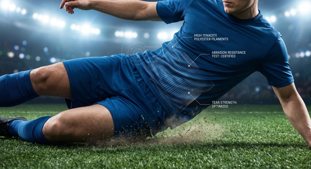 A detailed macro close-up of deep athletic blue pro sports fabric undergoing heavy friction as a soccer player slides on synthetic turf, showing its durable high-tenacity filament knit structure intact despite tension.