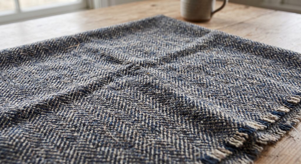 A realistic close-up shot of a dense, high-quality sports fleece fabric with a textured weave pattern, folded neatly on a minimalist wooden table.