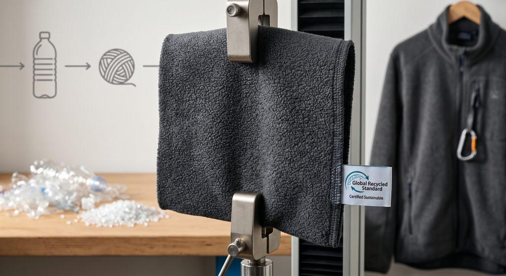 A close-up view of a dark gray recycled fleece sports fabric swatch undergoing a tensile strength test in a textile lab, with recycled plastic bottle flakes subtly visible in the background.