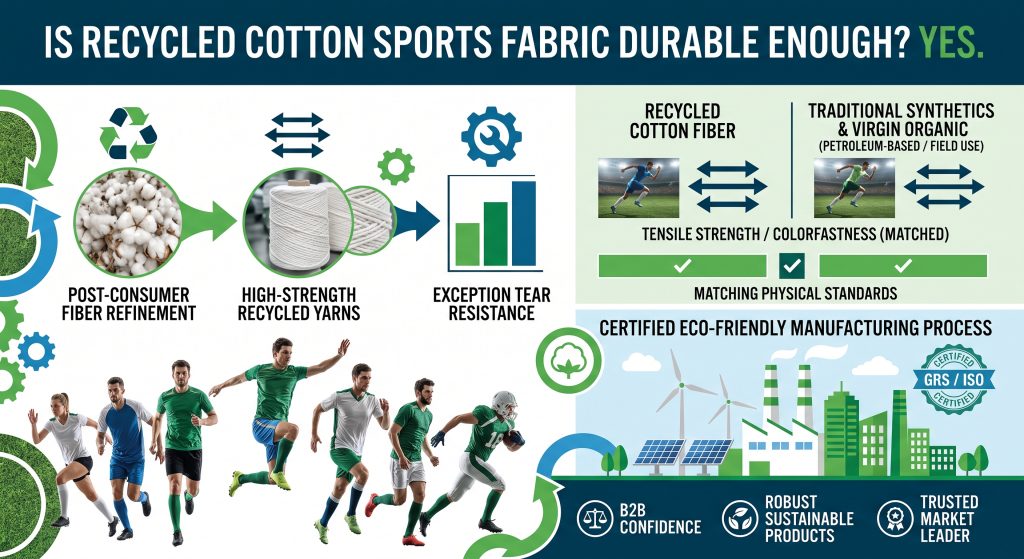 An infographic explaining the durability of recycled cotton sports fabric. It shows refined fibers, tensile test comparisons matching synthetics and virgin organic, a certified eco-friendly manufacturing process, and confident athletes using robust sustainable products.