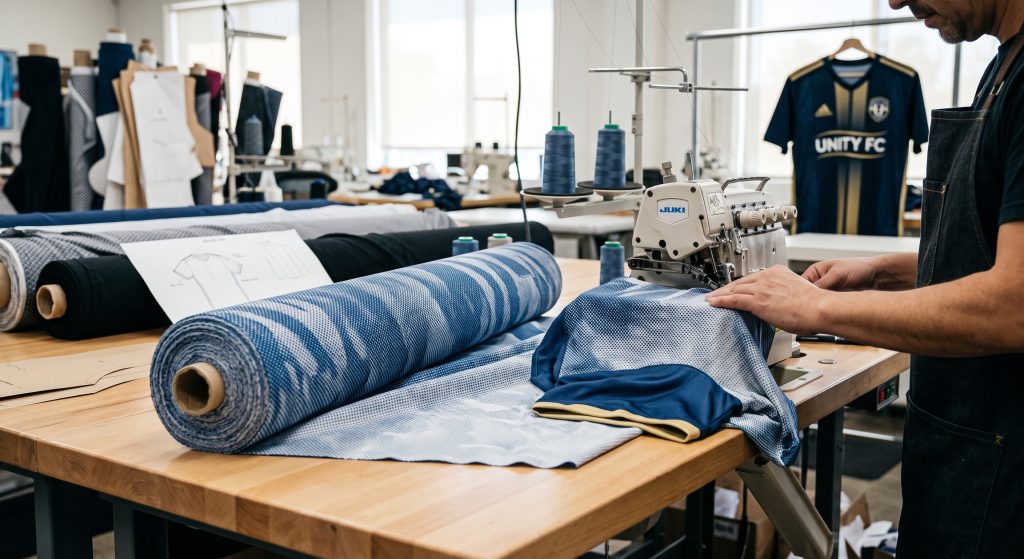 A skilled tailor sew custom soccer apparel using textured soccer fabric by the yard on a professional industrial machine, with fabric rolls and a design sketch visible.