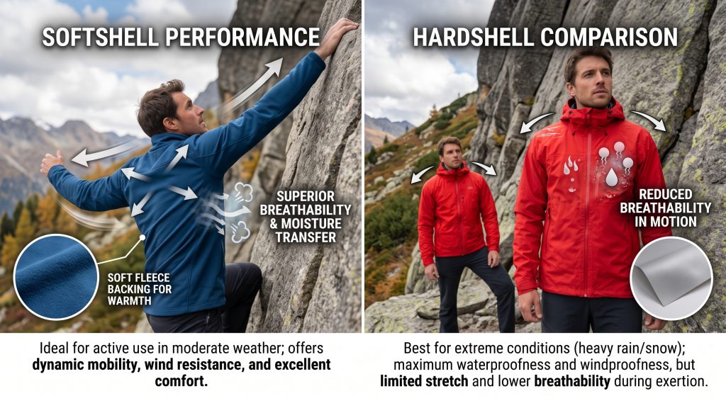 A split-screen comparison image illustrating the performance benefits of softshell vs hardshell mountain sports fabric. The left side shows a climber in dynamic motion wearing a blue softshell jacket with arrows indicating four-way stretch, a wind-resistant woven face, and a highly breathable, fleece-lined interior (shown in an inset). Translucent diagrams show moisture vapor easily escaping. The right side shows a rigid, red hardshell jacket with diagrams indicating trapped moisture and limited movement during exertion.