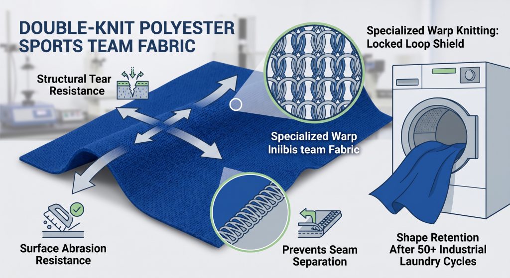 Technical visualization infographic illustrating the durability features of premium double-knit polyester solids sports team fabric, showing warp knit locked loops, tear resistance, abrasion resistance, reinforced seams, and shape retention after industrial laundry.
