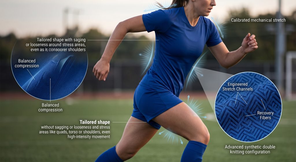 A professional visualization showing the performance fit of solid-color double-knit sports team fabric on an athlete, including visible stretch lines around stress points and a magnified inset detailing the complex mechanical knit topography.