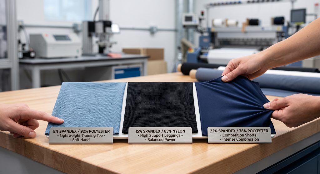 A professional curated display in a lab showing three labeled spandex sports fabric swatches comparing blend ratios (8%, 15%, 22%) for stretch and texture, with a hand demonstrating compression.