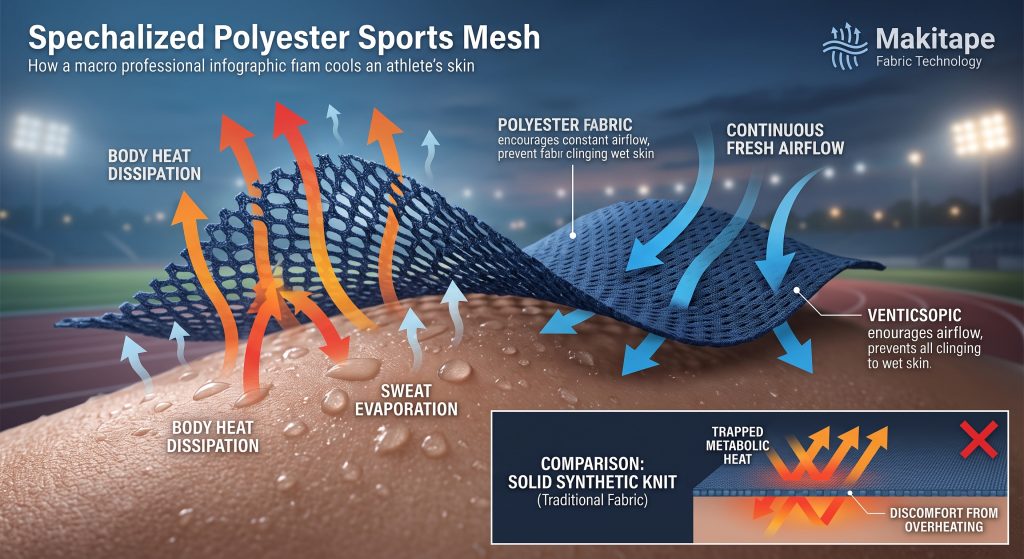 Infographic diagram illustrating how the microscopic ventilation pathways of specialized polyester sports mesh fabric allow heat dissipation and continuous fresh airflow to cool athlete skin during high-intensity training.