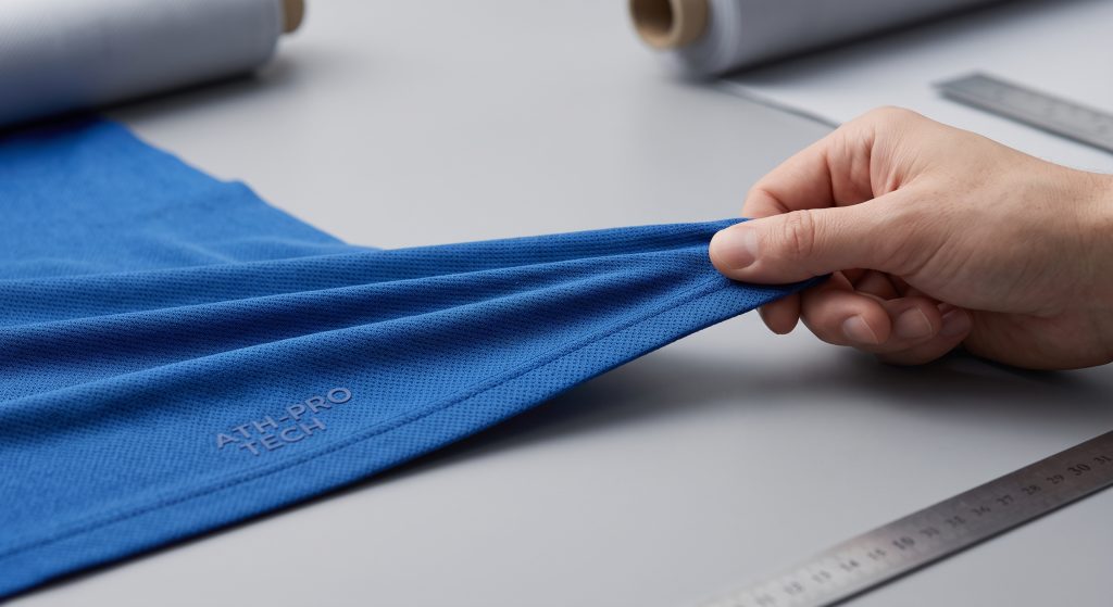 A minimalistic macro close-up photograph showing a clean hand stretching a sample of cobalt blue technical sports jersey fabric horizontally on a studio surface. The image demonstrates the fabric's superior horizontal stretch and engineered micro-knit structure, illustrating how it allows restriction-free movement.