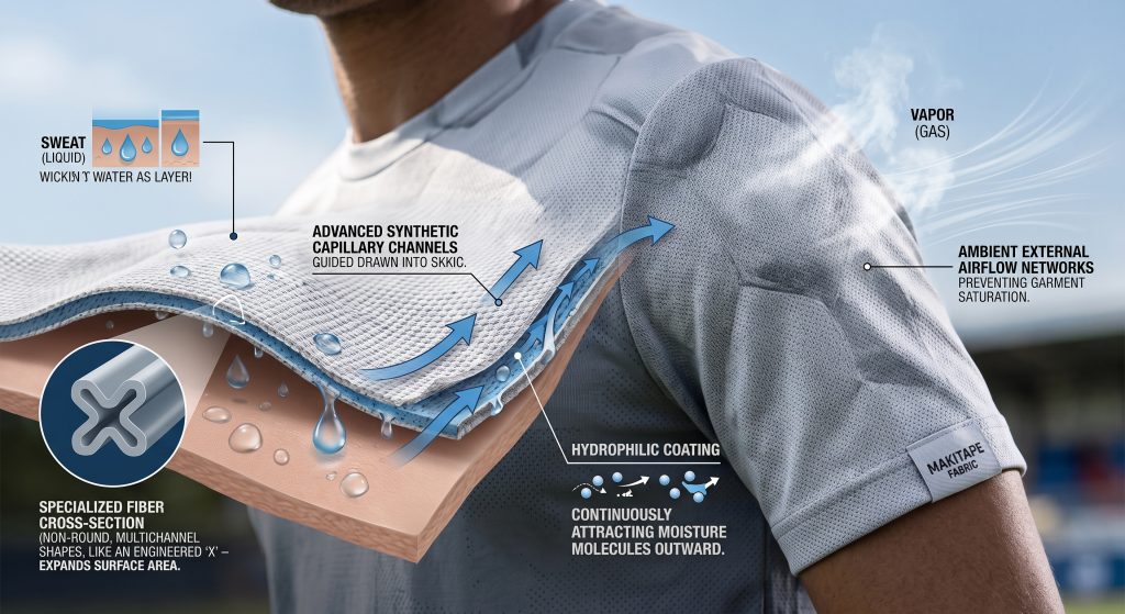 A technical macro visualization showing how Makitape sports ball fabric manages sweat. Specialized fiber cross-sections wick moisture from the skin via advanced synthetic capillary channels, while a hydrophilic coating attracts moisture molecules outward for accelerated evaporation via external airflow networks, maintaining stable body core temperature during championship matches.