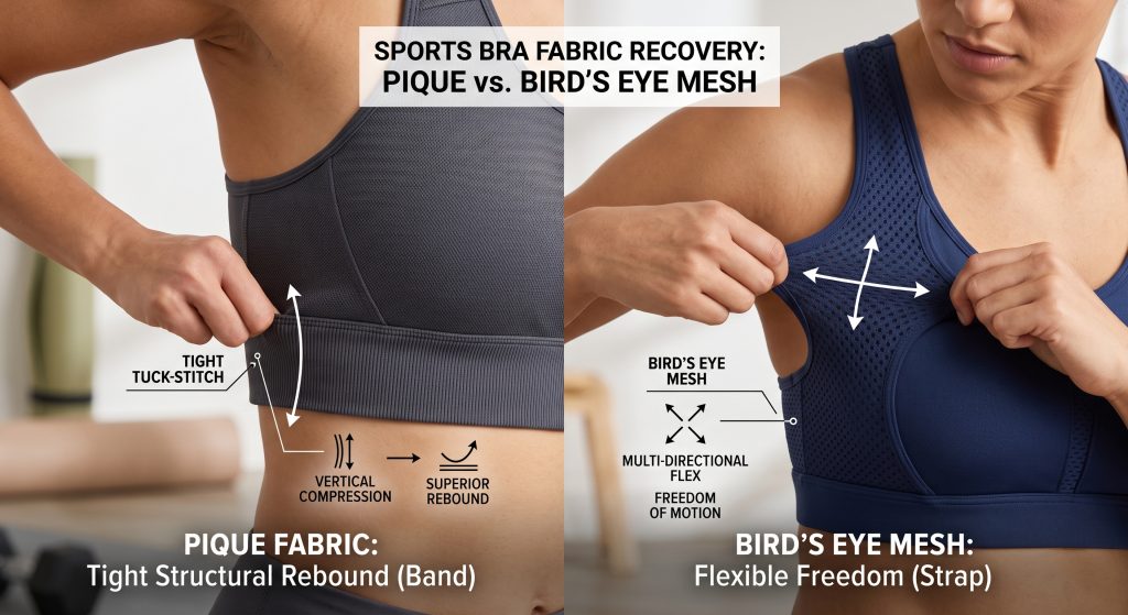 A technical close-up photograph comparing the stretch recovery of Pique fabric on a sports bra band versus Bird's eye mesh on a shoulder strap. Pique shows tight tuck-stitch structure for structural support, while Bird's eye mesh shows multi-directional flexibility and freedom of motion.