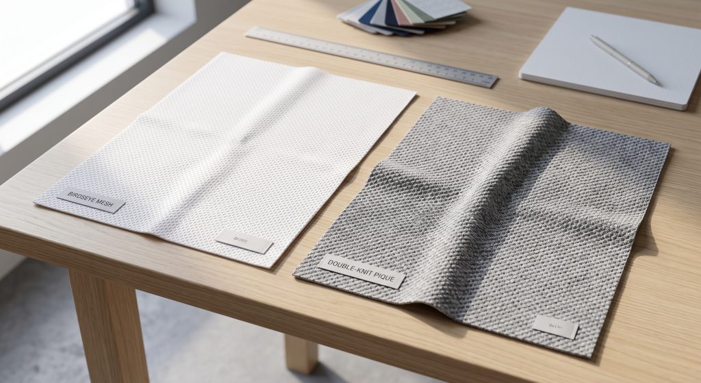A close-up photograph comparing two performance sports cotton fabric knits: intricate birdseye mesh loops and a structured pique grid, laid flat on a neutral wood surface.