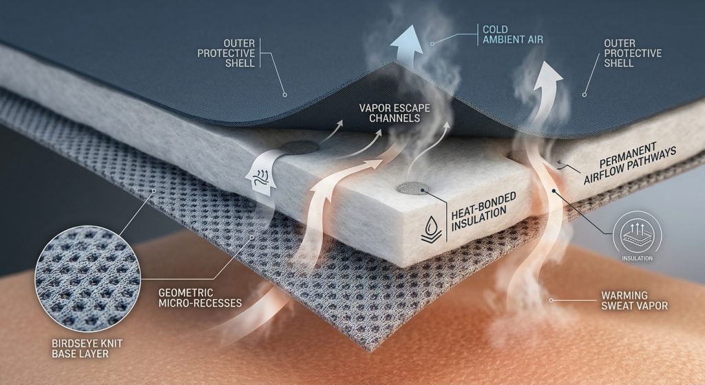 A technical cross-section diagram showing the layers of a high-performance activewear jacket. Warm sweat vapor easily rises through the geometric micro-recesses of a birdseye knit base layer and continues along permanent airflow pathways created around heat-bonded insulation points to escape. Cold air arrows show the external environment. Detailed fabric textures are visible.