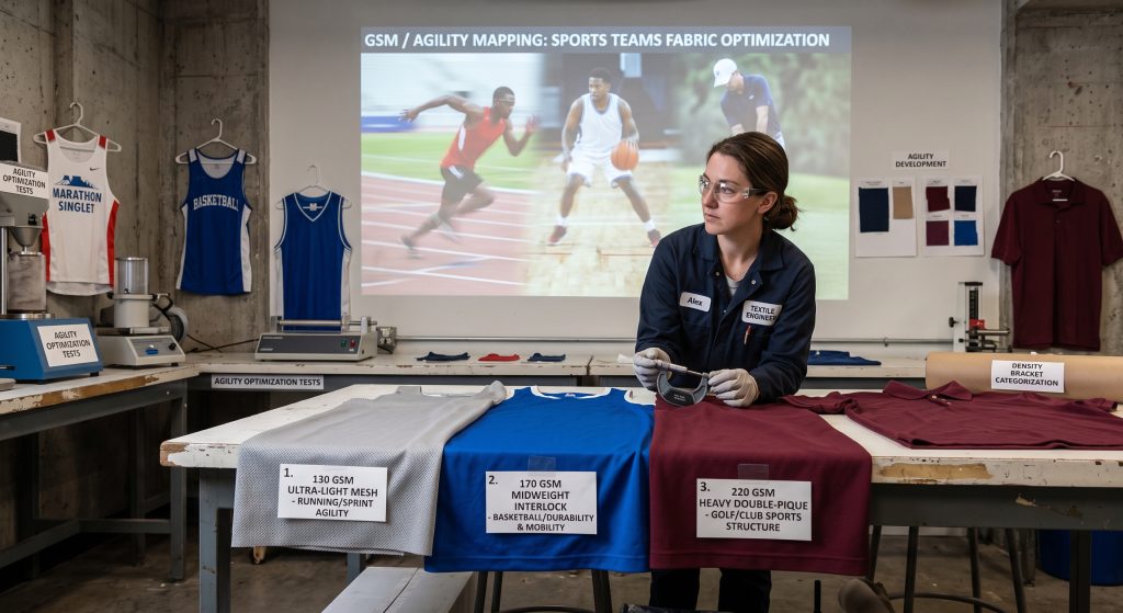 A documentary-style photograph from inside a textile innovation lab, showing different swatches of sports teams fabric labeled with precise GSM weights—130 GSM (Ultra-Light Mesh), 170 GSM (Midweight Interlock), and 220 GSM (Heavy Double-Pique)—arranged alongside dynamic athlete images demonstrating running, basketball, and golf agility. A textile engineer measures swatches, and testing equipment for agility optimization is visible. A board reads "GSM / AGILITY MAPPING: SPORTS TEAMS FABRIC CATEGORIZATION".