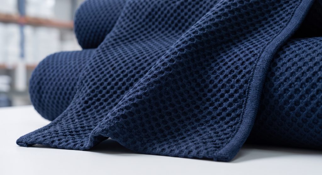 Close-up of durable Pique knit fabric showing its raised geometric waffle pattern and stable double-knit structure suitable for sports apparel.