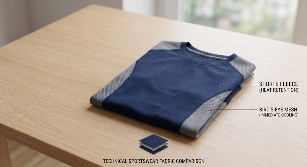 A realistic, minimalist photograph of a folded multi-panel athletic shirt on a light wood table, contrasting dark navy sports fleece fabric used for core heat retention against light grey bird's eye mesh panels for cooling.
