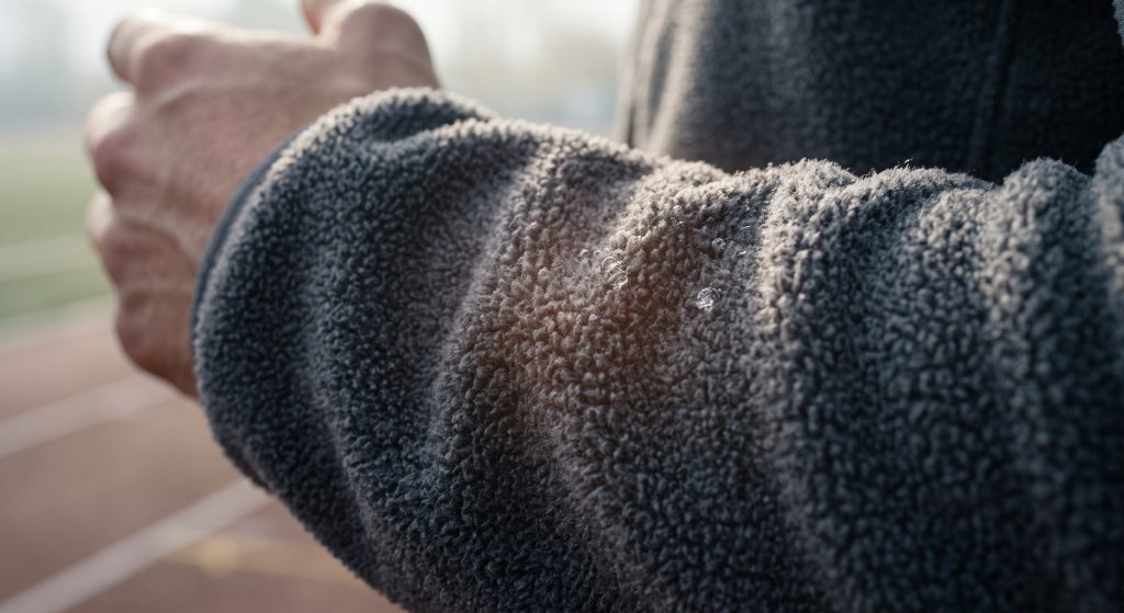 Close-up macro texture of synthetic sports fleece fabric, highlighting the soft, brushed napped fibers for lightweight heat retention and moisture wicking.