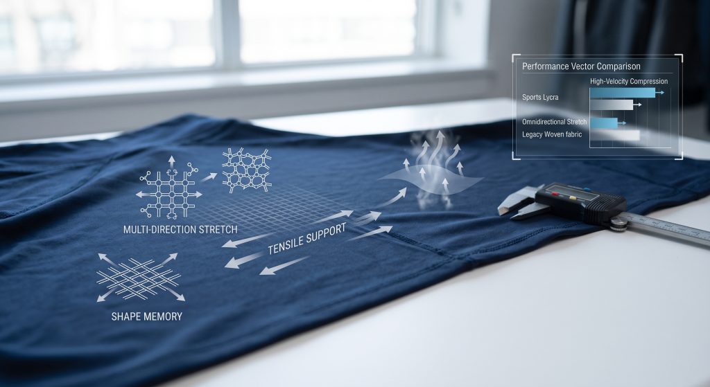 A high-resolution macro visualization photograph illustrating the performance mechanics of a blue technical sports lycra fabric panel. The image uses minimalist graphical overlays to visualize multi-direction stretch, shape memory, moisture wicking, and high-velocity compression capabilities. It emphasizes technical yarn structure and force transport without visual dividers or separators. On the right, a minimalist data display titled 'Performance Vector Comparison' graphs high-velocity compression and omnidirectional stretch, showing superior performance versus a blurred generic 'Legacy Woven fabric'. The lighting is natural daylight in a textile lab setting.