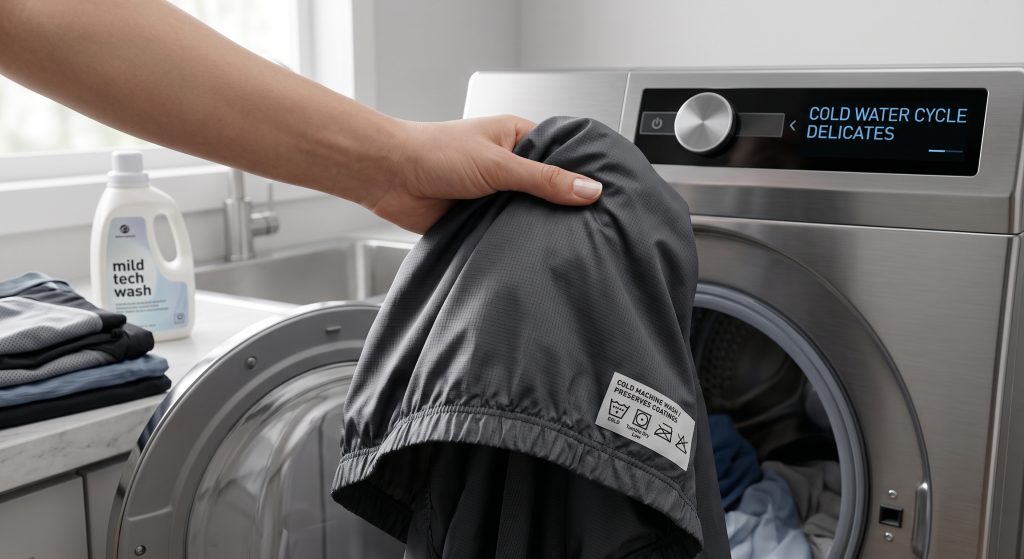 A modern front-loading washing machine being loaded with a technical sports nylon windbreaker jacket on a COLD CYCLE, demonstrating the simple maintenance process that preserves durable water-repellent (DWR) coatings and structural integrity.