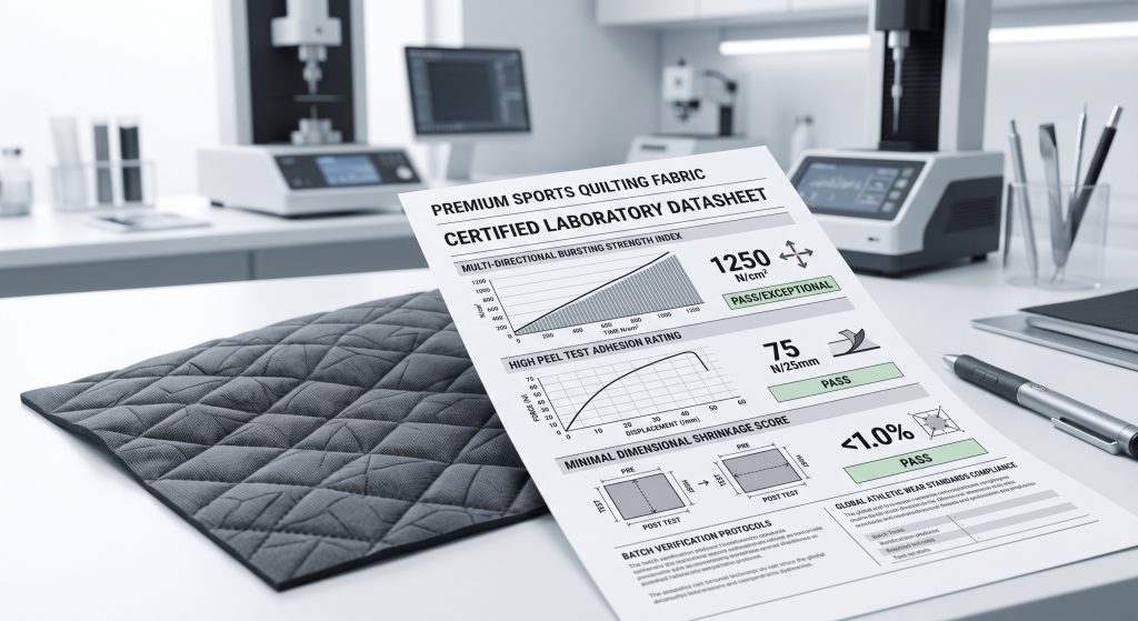 A close-up of a certified laboratory datasheet presenting performance parameters for a batch of premium sports quilting fabric, with graphs for burst strength, peel test, and shrinkage. No people are present.