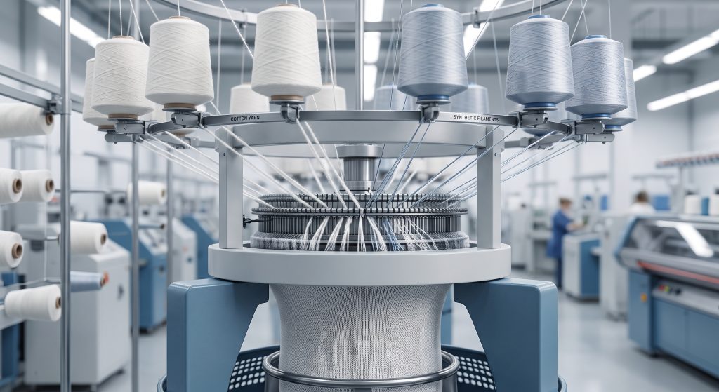 Close-up of a circular knitting machine producing sports team cotton fabric by interlacing cotton yarns and synthetic filaments.
