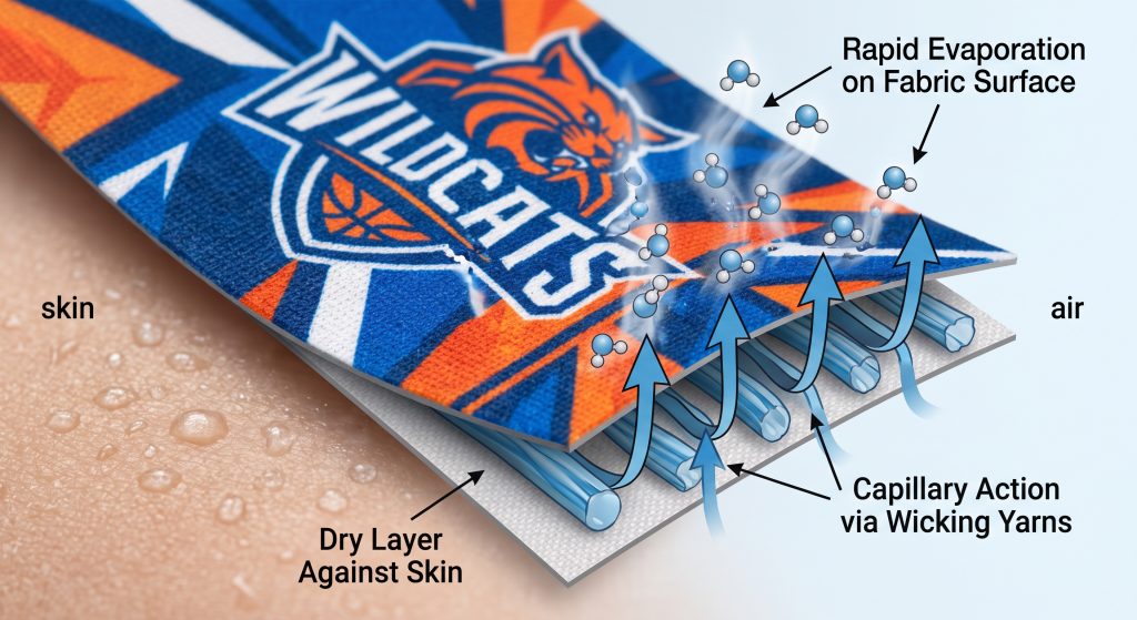Close-up photorealistic illustration showing moisture being wicked through the cross-section of a sports team fabric print via capillary action, leading to rapid evaporation on the printed surface.