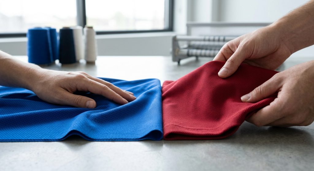 A realistic close-up photograph set in a minimalistic studio, showing hands comparing technical athletic fabric textures side-by-side: smooth, soft birdseye mesh on the left versus structured, crisp pique knit on the right, highlighting their different knit patterns and weight characteristics.