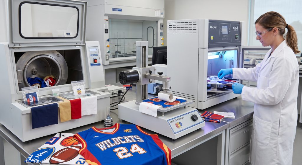 A professional laboratory setting illustrating dynamic color fastness testing on sports-themed cotton fabric, featuring laundering apparatus, a crockmeter rub test, and a Xenon arc lightfastness tester.