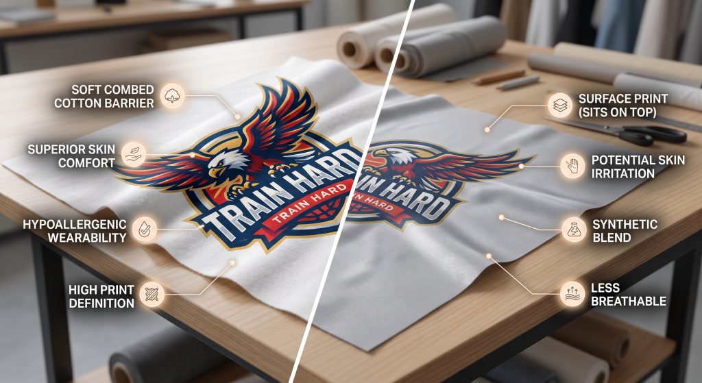 A magnified side-by-side comparison showing the soft texture and high definition print of premium combed cotton sports themed activewear fabric on the left, contrasting with standard synthetic blend fabric on the right which can cause irritation.