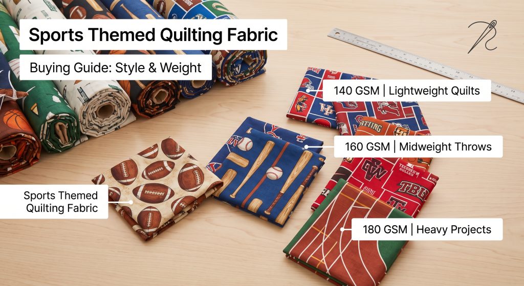 A minimalist guide graphic contrasting different weights (GSM) of sports themed quilting fabrics, featuring athletic patterns like team logos and equipment, labeled for appropriate quilting applications like lightweight quilts, midweight throws, and heavy projects, set on a clean studio surface with subtle measurement and sewing icons.