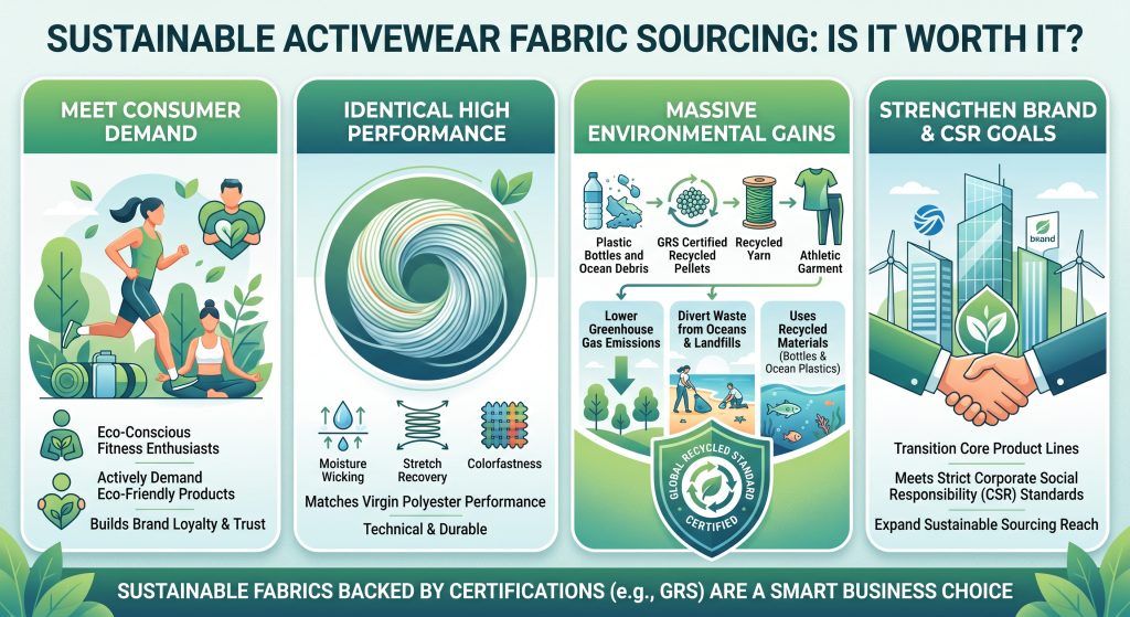 A modern infographic illustration titled 'SUSTAINABLE ACTIVEWEAR FABRIC SOURCING: IS IT WORTH IT?'. It features four distinct vertical panels comparing performance, consumer demand, environmental gains, and brand goals for recycled polyester and ocean plastic yarns. Icons show moisture wicking, stretch, colorfastness; environmental benefits like lower emissions and waste diversion; and GRS certification symbols. The style is modern digital design in greens and blues.